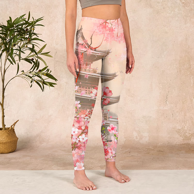 Buddha Stones Pink Sakura Antique Building Print Fitness Leggings Women's Yoga Pants - image 3