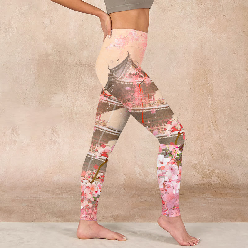 Buddha Stones Pink Sakura Antique Building Print Fitness Leggings Women's Yoga Pants - image 16