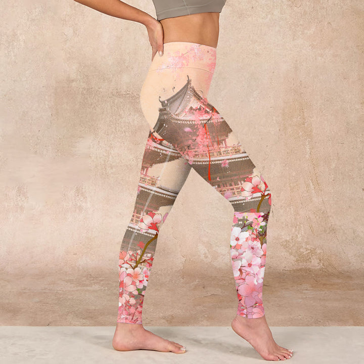 Buddha Stones Pink Sakura Antique Building Print Fitness Leggings Women's Yoga Pants - image 16
