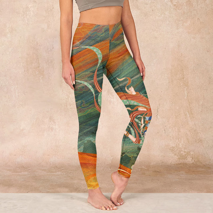 Buddha Stones Dunhuang Flying Apsaras Print Gym Leggings Women's Yoga Pants - OliveDrab - US18，UK/AU22，EU50 (4XL) - image 0