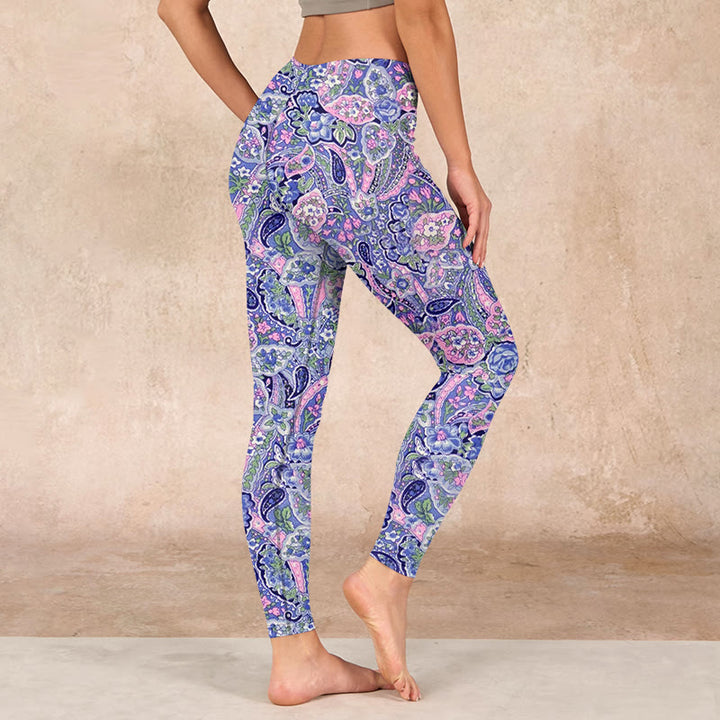 Buddha Stones Purple Pink Cashew Flower Print Gym Fitness Leggings Women's Yoga Pants - image 2