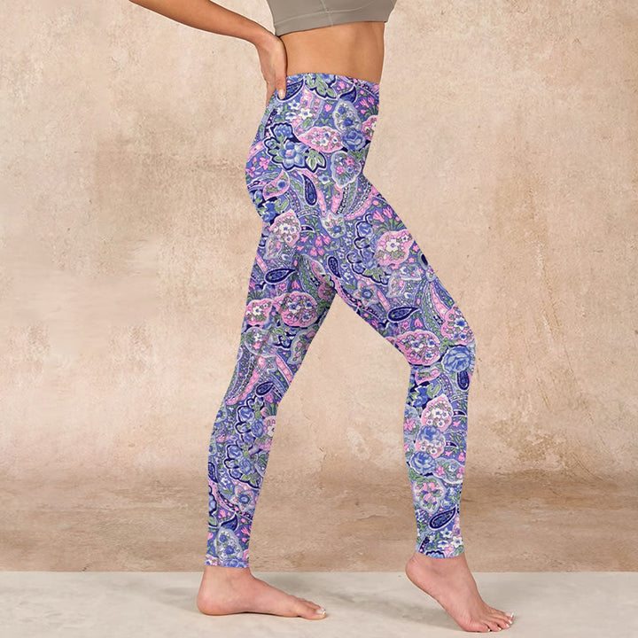 Buddha Stones Purple Pink Cashew Flower Print Gym Fitness Leggings Women's Yoga Pants - image 16