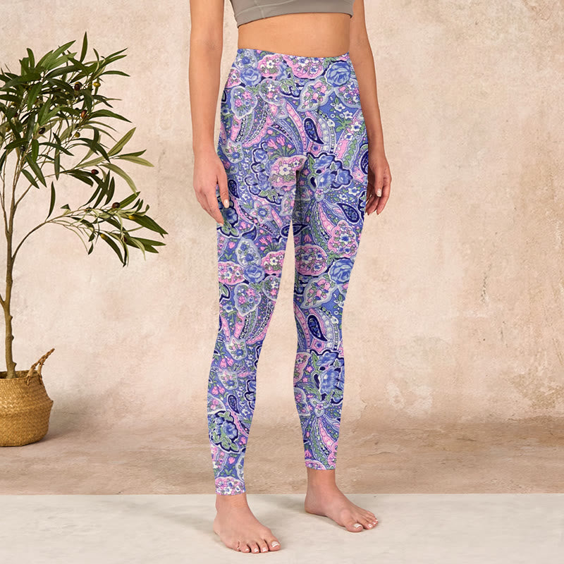 Buddha Stones Purple Pink Cashew Flower Print Gym Fitness Leggings Women's Yoga Pants - image 3