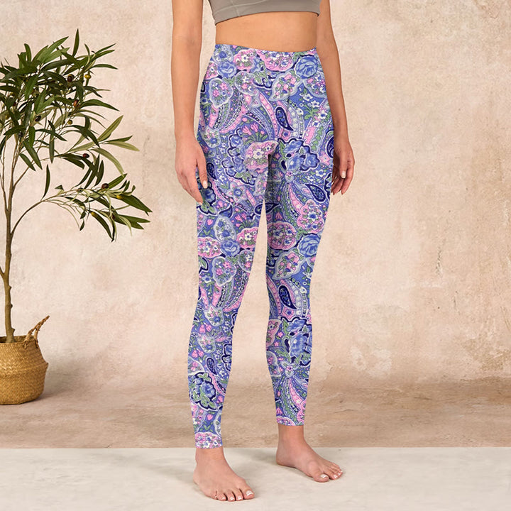 Buddha Stones Purple Pink Cashew Flower Print Gym Fitness Leggings Women's Yoga Pants - image 3