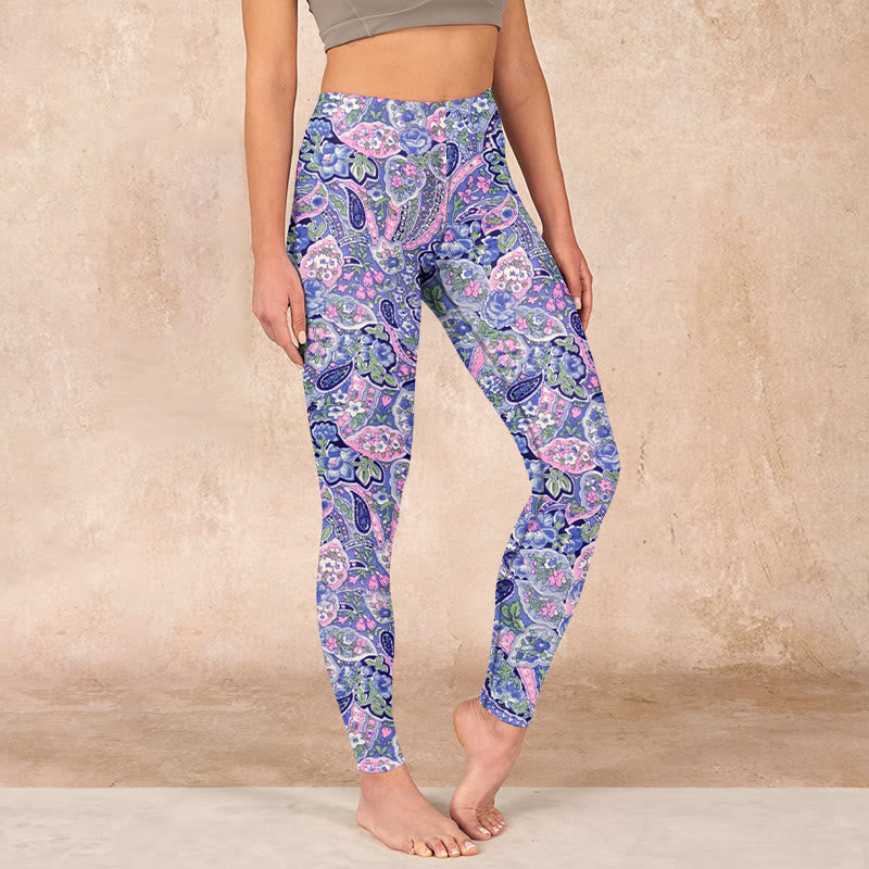 Buddha Stones Purple Pink Cashew Flower Print Gym Fitness Leggings Women's Yoga Pants - MediumPurple - US18，UK/AU22，EU50 (4XL) - image 0