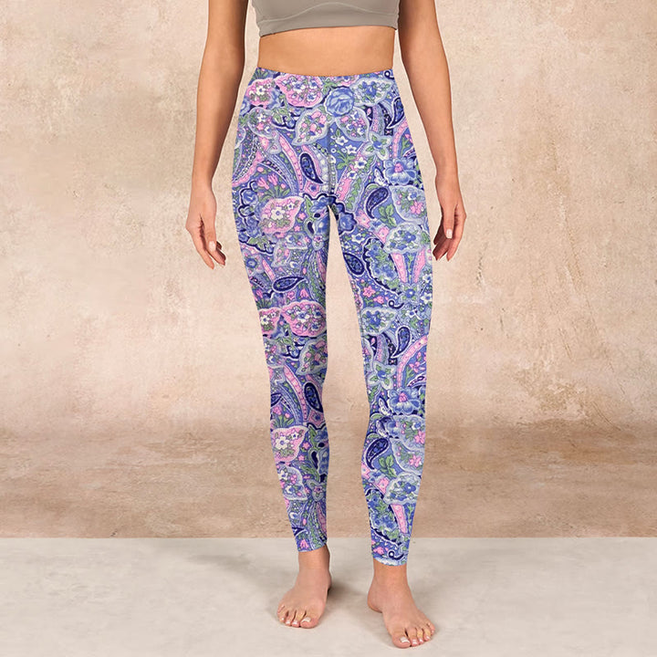 Buddha Stones Purple Pink Cashew Flower Print Gym Fitness Leggings Women's Yoga Pants - image 1