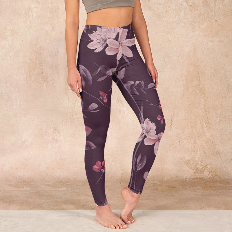 Buddha Stones Purple White Flowers Leaves Blossom Print Gym Fitness Leggings Women's Yoga Pants - Thistle - US18，UK/AU22，EU50 (4XL) - image 0