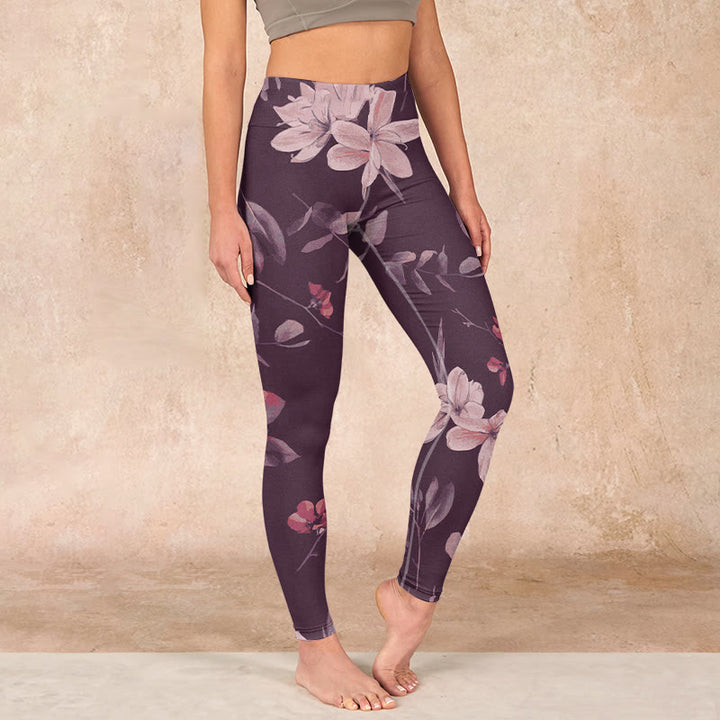 Buddha Stones Purple White Flowers Leaves Blossom Print Gym Fitness Leggings Women's Yoga Pants - Thistle - US18，UK/AU22，EU50 (4XL) - image 0