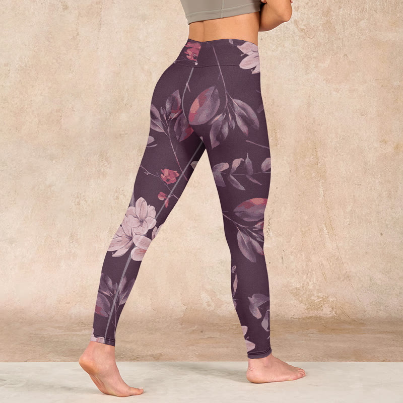Buddha Stones Purple White Flowers Leaves Blossom Print Gym Fitness Leggings Women's Yoga Pants - image 4
