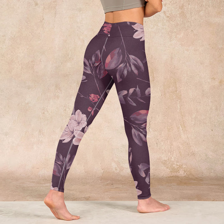 Buddha Stones Purple White Flowers Leaves Blossom Print Gym Fitness Leggings Women's Yoga Pants - image 4