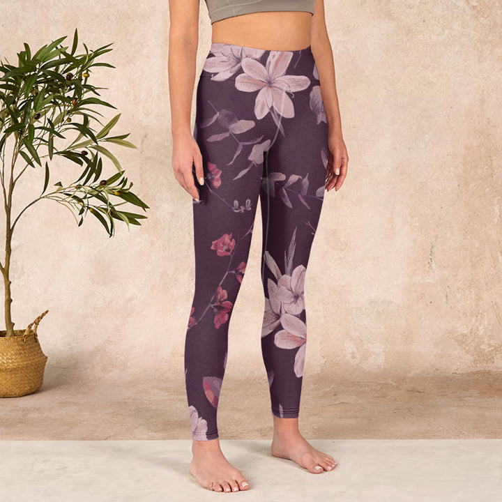 Buddha Stones Purple White Flowers Leaves Blossom Print Gym Fitness Leggings Women's Yoga Pants - image 3