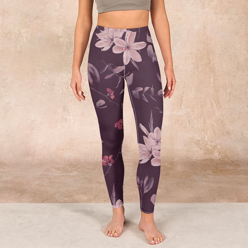 Buddha Stones Purple White Flowers Leaves Blossom Print Gym Fitness Leggings Women's Yoga Pants - image 1