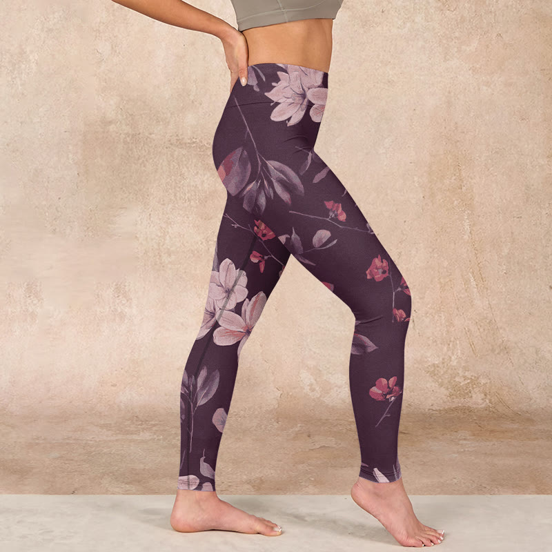 Buddha Stones Purple White Flowers Leaves Blossom Print Gym Fitness Leggings Women's Yoga Pants - image 16