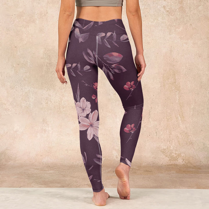 Buddha Stones Purple White Flowers Leaves Blossom Print Gym Fitness Leggings Women's Yoga Pants - image 14