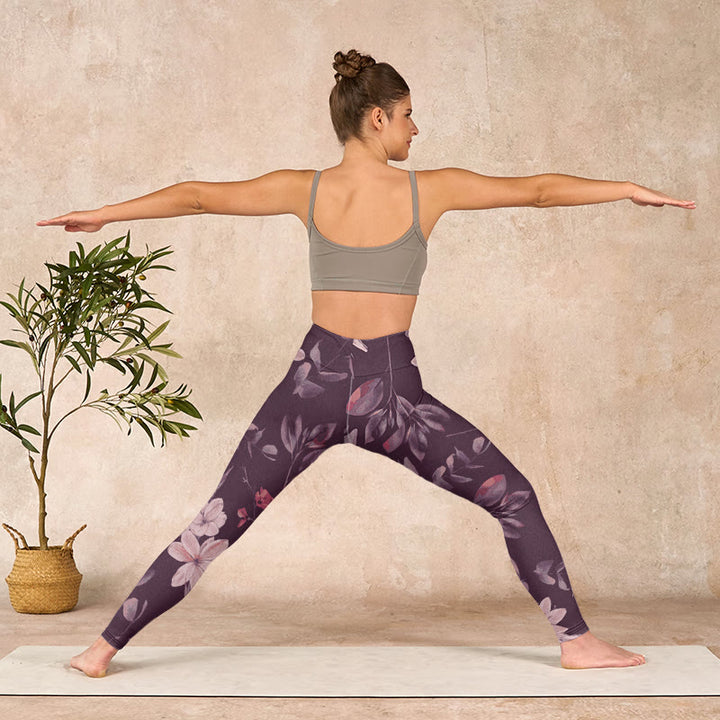 Buddha Stones Purple White Flowers Leaves Blossom Print Gym Fitness Leggings Women's Yoga Pants - image 10