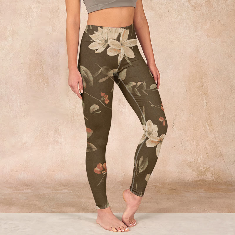 Buddha Stones Purple White Flowers Leaves Blossom Print Gym Fitness Leggings Women's Yoga Pants - DarkKhaki - US18，UK/AU22，EU50 (4XL) - image 17