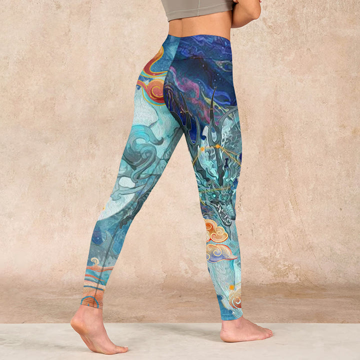 Buddha Stones Blue Dragon Auspicious Clouds Print Gym Leggings Women's Yoga Pants - image 4
