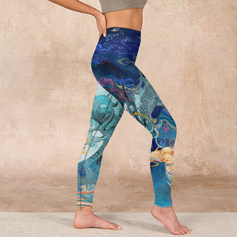 Buddha Stones Blue Dragon Auspicious Clouds Print Gym Leggings Women's Yoga Pants - image 16