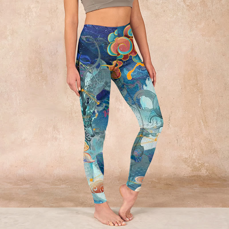 Buddha Stones Blue Dragon Auspicious Clouds Print Gym Leggings Women's Yoga Pants - SteelBlue - US18，UK/AU22，EU50 (4XL) - image 0