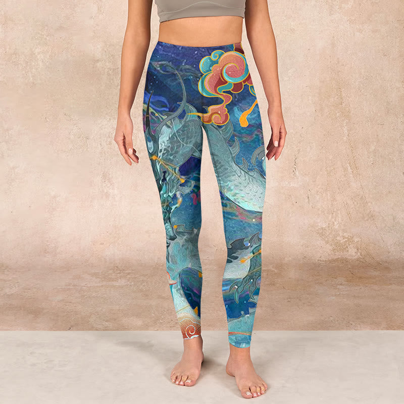 Buddha Stones Blue Dragon Auspicious Clouds Print Gym Leggings Women's Yoga Pants - image 1