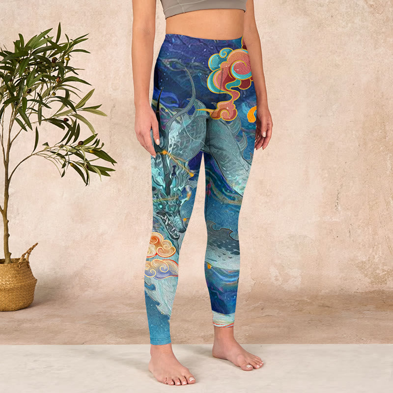 Buddha Stones Blue Dragon Auspicious Clouds Print Gym Leggings Women's Yoga Pants - image 3