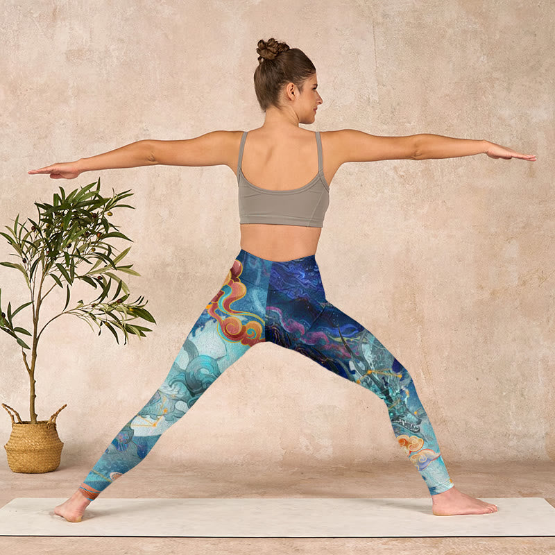 Buddha Stones Blue Dragon Auspicious Clouds Print Gym Leggings Women's Yoga Pants - image 10