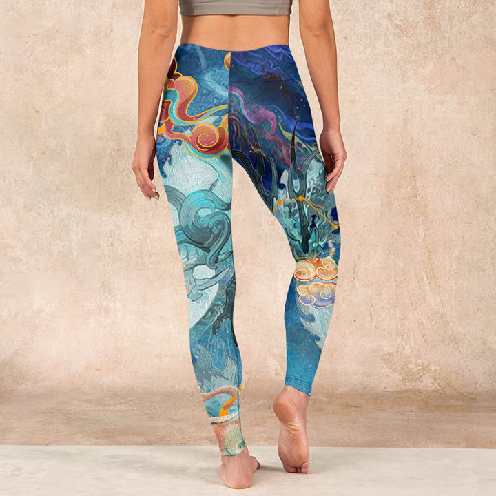 Buddha Stones Blue Dragon Auspicious Clouds Print Gym Leggings Women's Yoga Pants - image 14