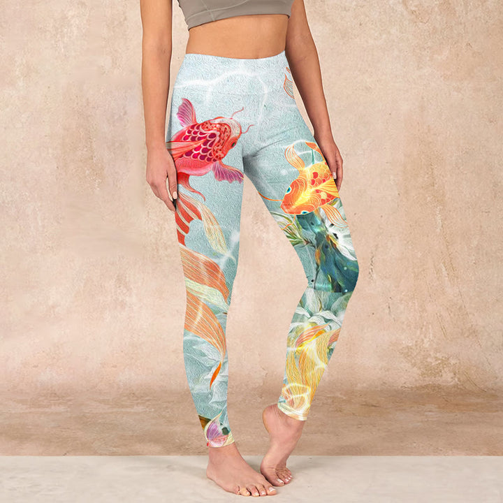 Buddha Stones Green Koi Fish White Lotus Water Ripples Print Gym Leggings Women's Yoga Pants - Honeydew - US18，UK/AU22，EU50 (4XL) - image 0