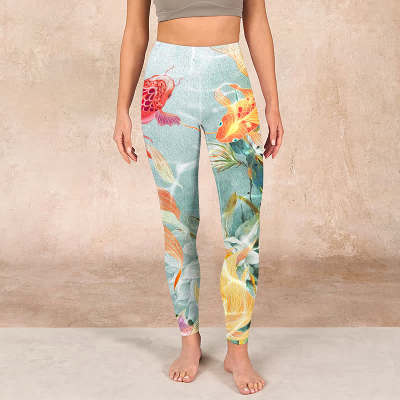 Buddha Stones Green Koi Fish White Lotus Water Ripples Print Gym Leggings Women's Yoga Pants - image 1