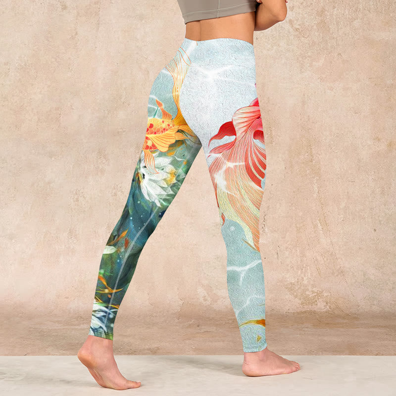 Buddha Stones Green Koi Fish White Lotus Water Ripples Print Gym Leggings Women's Yoga Pants - image 4