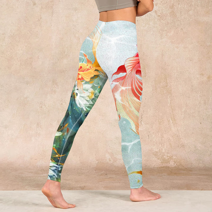 Buddha Stones Green Koi Fish White Lotus Water Ripples Print Gym Leggings Women's Yoga Pants - image 4