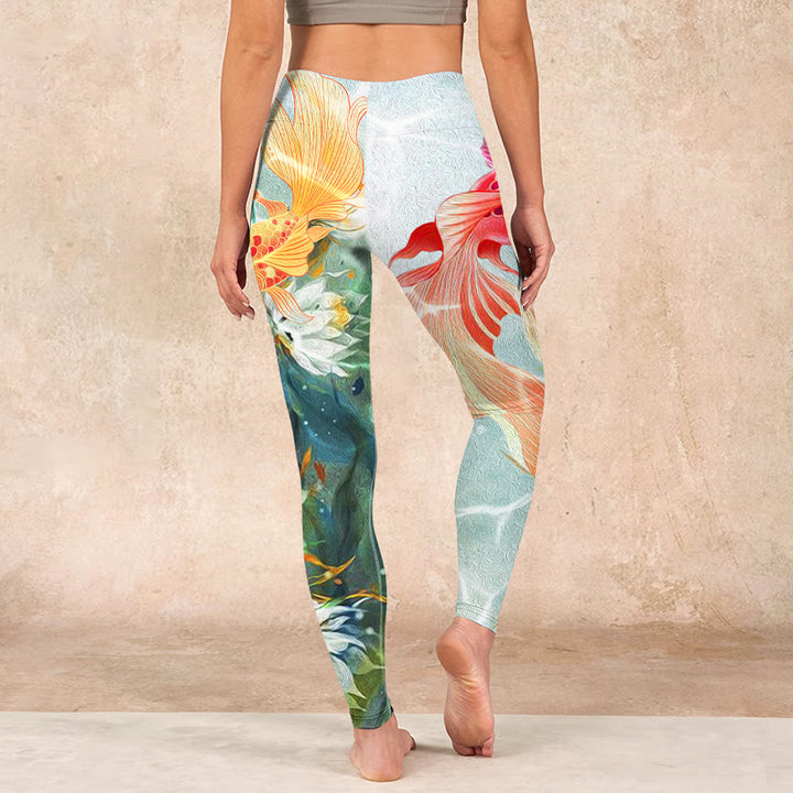 Buddha Stones Green Koi Fish White Lotus Water Ripples Print Gym Leggings Women's Yoga Pants - image 14