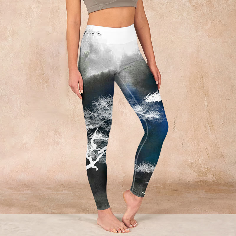 Buddha Stones Ink Painting Pine Tree Print Gym Leggings Women's Yoga Pants - Gray - US18，UK/AU22，EU50 (4XL) - image 0