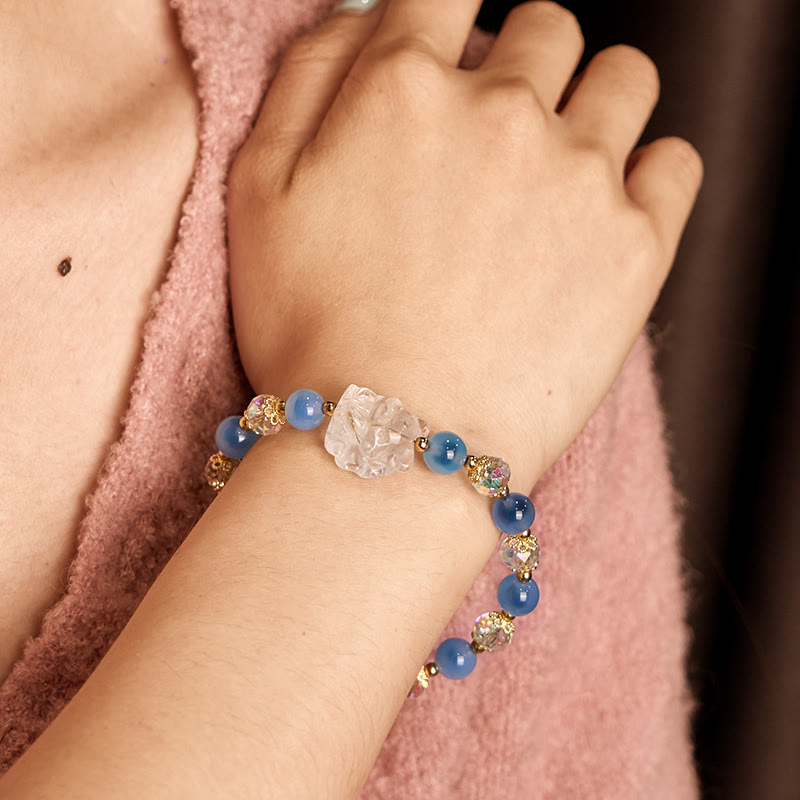 Buddha Stones Natural Blue Candy Agate White Crystal Nine Tailed Fox Harmony Bracelet - image 3
