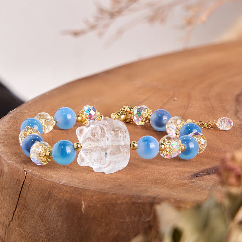 Buddha Stones Natural Blue Candy Agate White Crystal Nine Tailed Fox Harmony Bracelet - Blue Candy Agate&White Crystal(Wrist Circumference 15-16cm) - image 0
