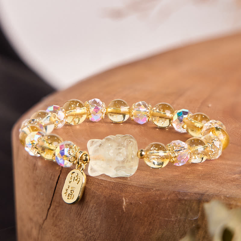 Buddha Stones Natural Citrine White Crystal Nine Tailed Fox Attracting Wealth Charm Energy Bracelet - image 1
