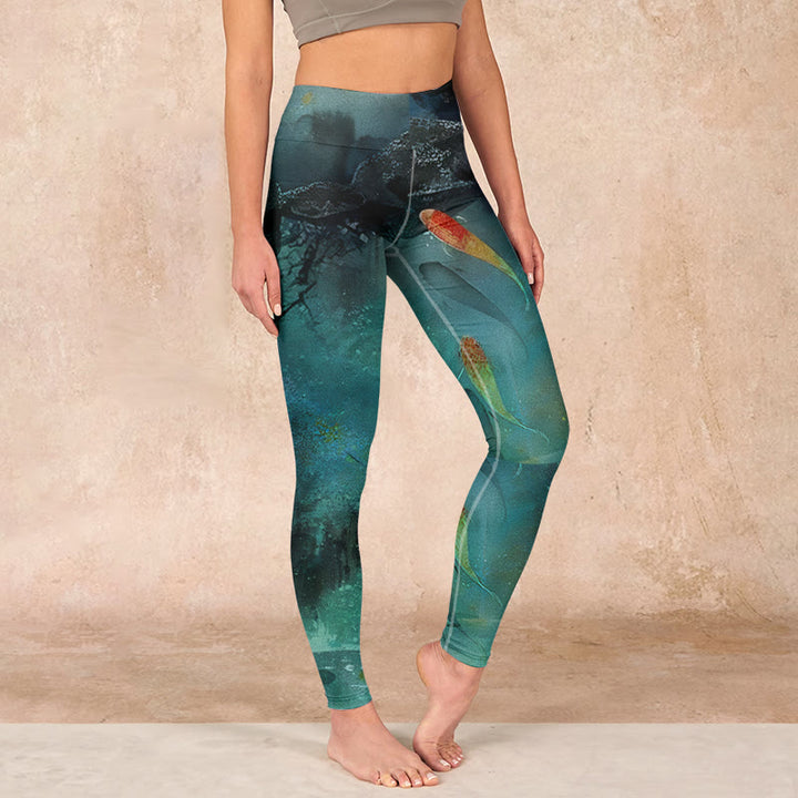 Buddha Stones Pond Koi Fish Rocks Print Sports Leggings Women's Yoga Pants - DarkSeaGreen - US18，UK/AU22，EU50 (4XL) - image 0