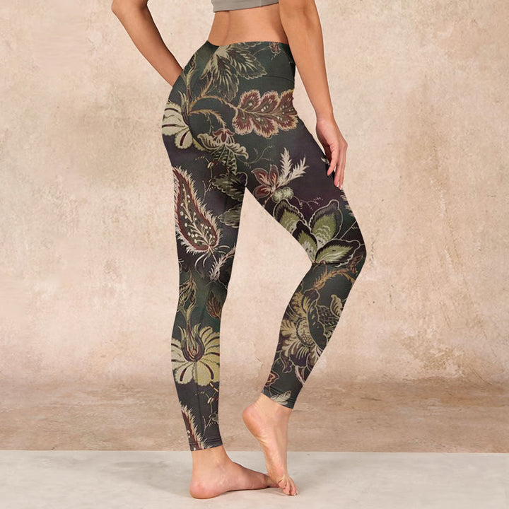 Buddha Stones Olive Florals Print Sports Fitness Leggings Women's Yoga Pants - image 2