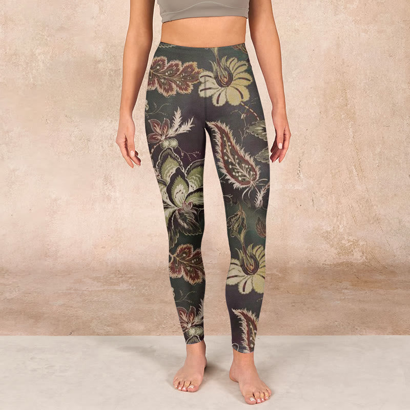 Buddha Stones Olive Florals Print Sports Fitness Leggings Women's Yoga Pants - image 1