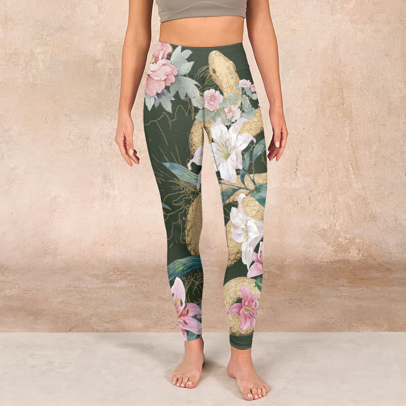Buddha Stones Green Golden Snake Lily Peony Flowers Print Gym Leggings Women's Yoga Pants - image 1