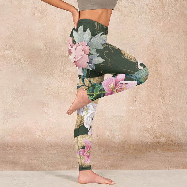 Buddha Stones Green Golden Snake Lily Peony Flowers Print Gym Leggings Women's Yoga Pants - image 15