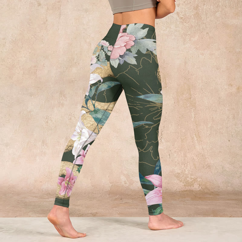 Buddha Stones Green Golden Snake Lily Peony Flowers Print Gym Leggings Women's Yoga Pants - image 4