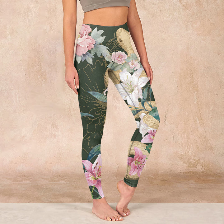 Buddha Stones Green Golden Snake Lily Peony Flowers Print Gym Leggings Women's Yoga Pants - DarkOliveGreen - US18，UK/AU22，EU50 (4XL) - image 0