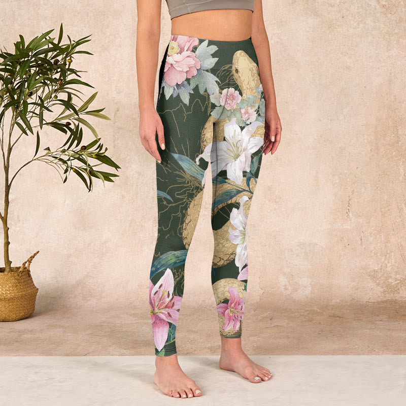 Buddha Stones Green Golden Snake Lily Peony Flowers Print Gym Leggings Women's Yoga Pants - image 3