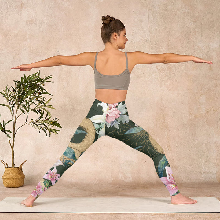 Buddha Stones Green Golden Snake Lily Peony Flowers Print Gym Leggings Women's Yoga Pants - image 10