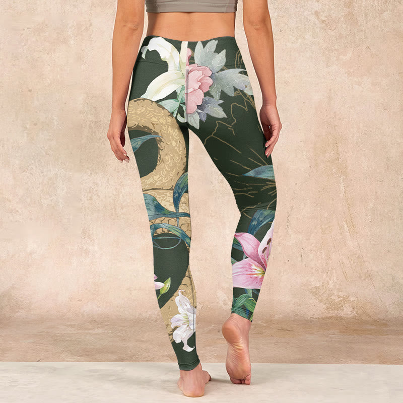 Buddha Stones Green Golden Snake Lily Peony Flowers Print Gym Leggings Women's Yoga Pants - image 14