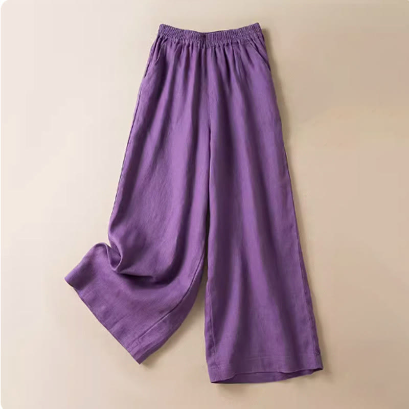Buddha Stones Casual Solid Color Cotton Linen Women's Wide Leg Pants With Pockets - Purple - US12，UK/AU16，EU44 (3XL) - image 9
