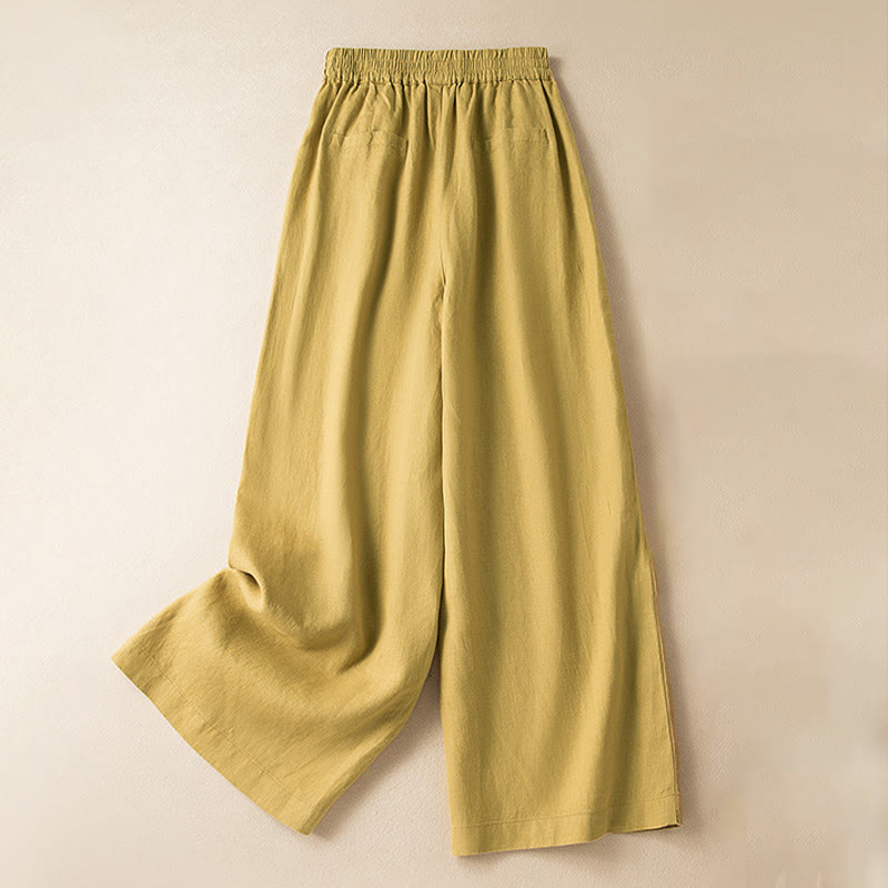 Buddha Stones Casual Solid Color Cotton Linen Women's Wide Leg Pants With Pockets - Yellow - US12，UK/AU16，EU44 (3XL) - image 28