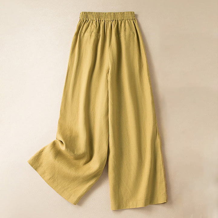 Buddha Stones Casual Solid Color Cotton Linen Women's Wide Leg Pants With Pockets - Yellow - US12，UK/AU16，EU44 (3XL) - image 28
