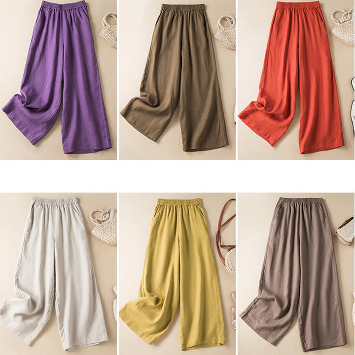 Buddha Stones Casual Solid Color Cotton Linen Women's Wide Leg Pants With Pockets - image 1